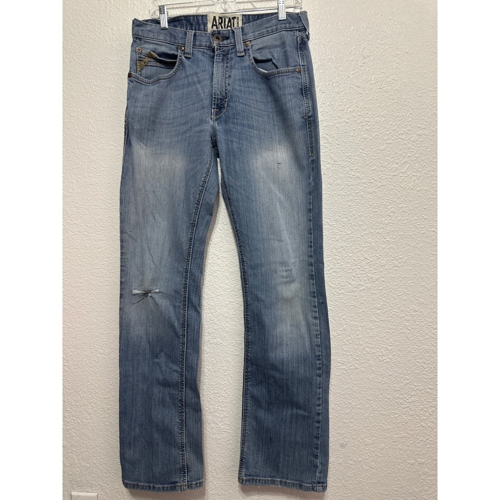 Ariat M5 Straight Slim Leg Light Wash Distressed Denim Jeans Blue Workwear 32/34